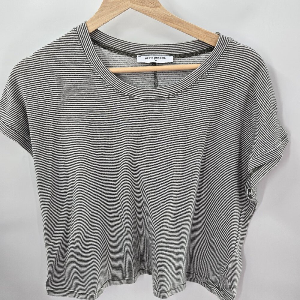 Petite Principle Dark Olive Green White Horizontal Striped Top Size PXL